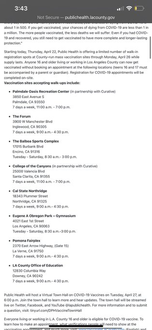 LA FOLKS 🗣🗣  No appointment needed to get vaccinated today! See photo for details 👇🏾 thank @VersaceBottom<a href="/tag/ie"class="tags"><span>#ie</span></a>