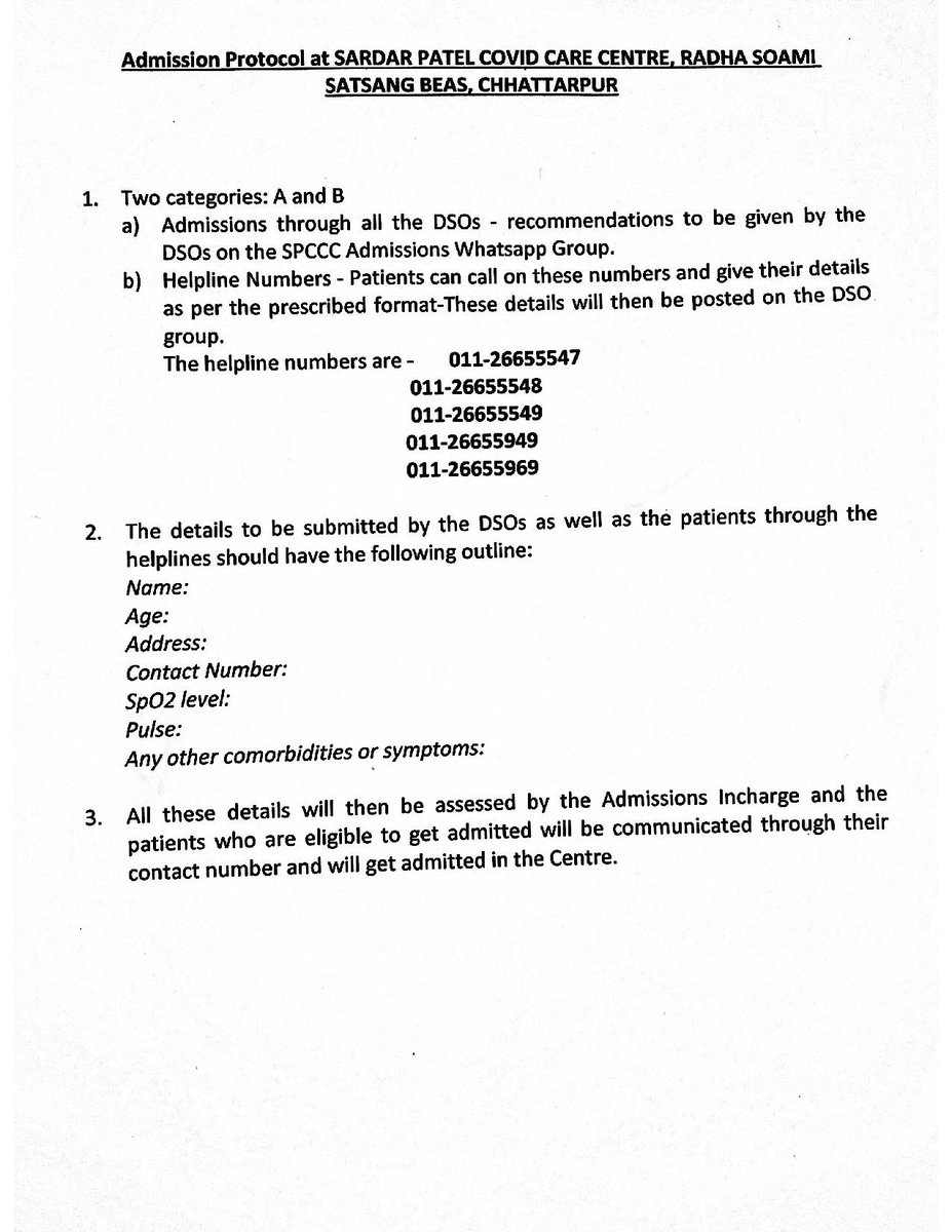 DMSouthDelhi's tweet image. Yes, we are ready with the opening of the Sardar Patel Covid Care Centre at #DistrictSouth.Here is the proper process to get admission. Please get registered and no walk-in allowed for admission #SPCCC #IndiaFightsCorona #southdelhifightscorona
@PMOIndia @HMOIndia @ITBP_official