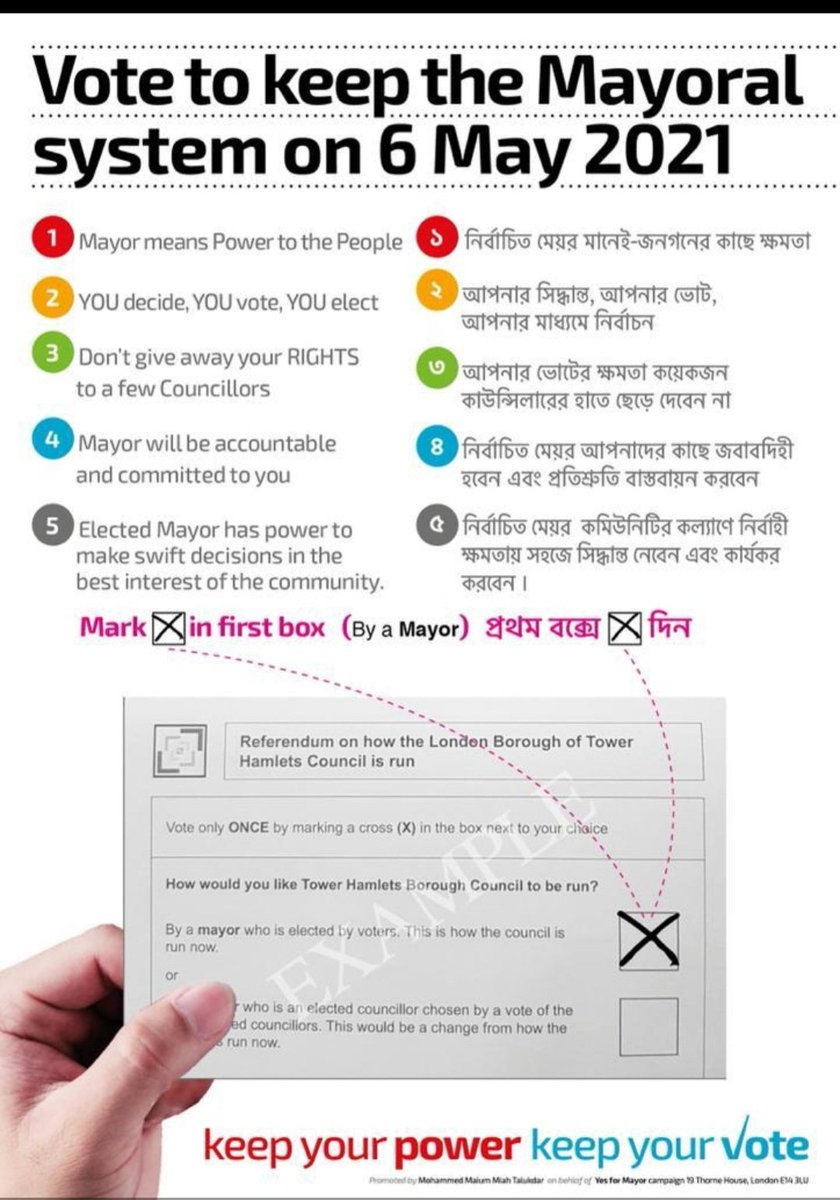 OhidAhmedTH's tweet photo. Had an amazing campign to keep Mayoral System in @TowerHamletsNow. The people of Tower Hamlets will speak once again on May the 6th. Vote to keep the mayoral system. Don't change the system, change failed Biggs. #KeepYourPower #KeepYourVote @MarkSeddon1962 https://t.co/s8PbgW6CdK