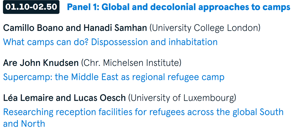 LuOesch's tweet photo. We'll then have our first panel on #Global and #Decolonial approaches to #Camps. With presentations from @CamilloBoano @hanadi_samhan @arejohnknudsen and the #REFUGOV team https://t.co/AwvfCvGHHA