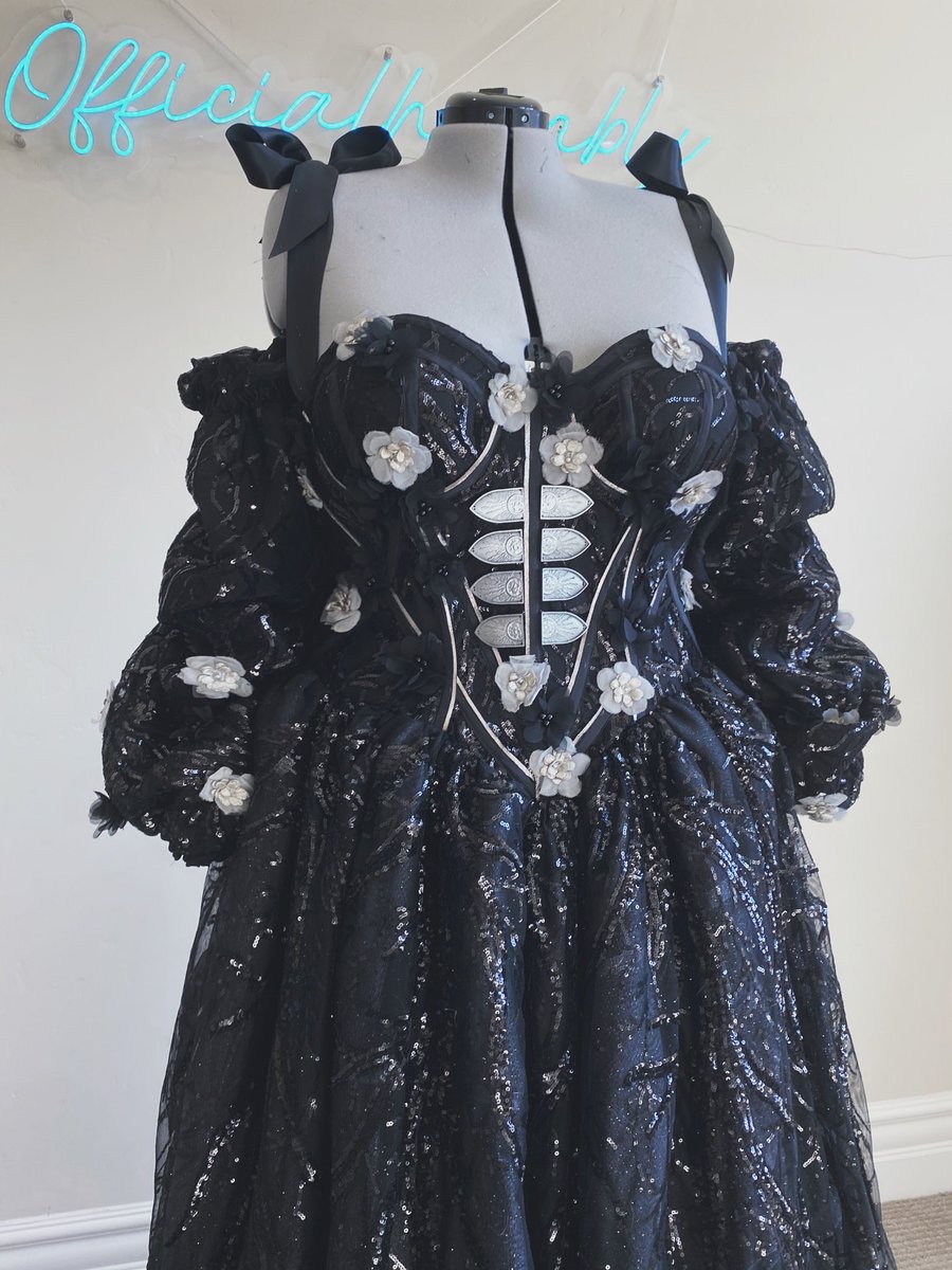 Cat is out of the bag! I have partnered with Netflix to offer a one of a kind giveaway for prom! This size 26/28 gown inspired by the Darkling from Shadow and Bones has lace up back w/modesty panel, puffy sleeves, and is completely silk lined! Enter here:  https://vm.tiktok.com/ZMeQgdK83/ 