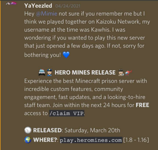 KaizokuEncodes's tweet photo. @PlayHeroMines Can you lowlives stop spamming the dms of our discord members with your promotes? 
It is really not a good idea to go on promoting in this shit way when you have a server and public face. 

Heromines, dominating Minecraft with spam and scams! https://t.co/WzJ9ANiuxO