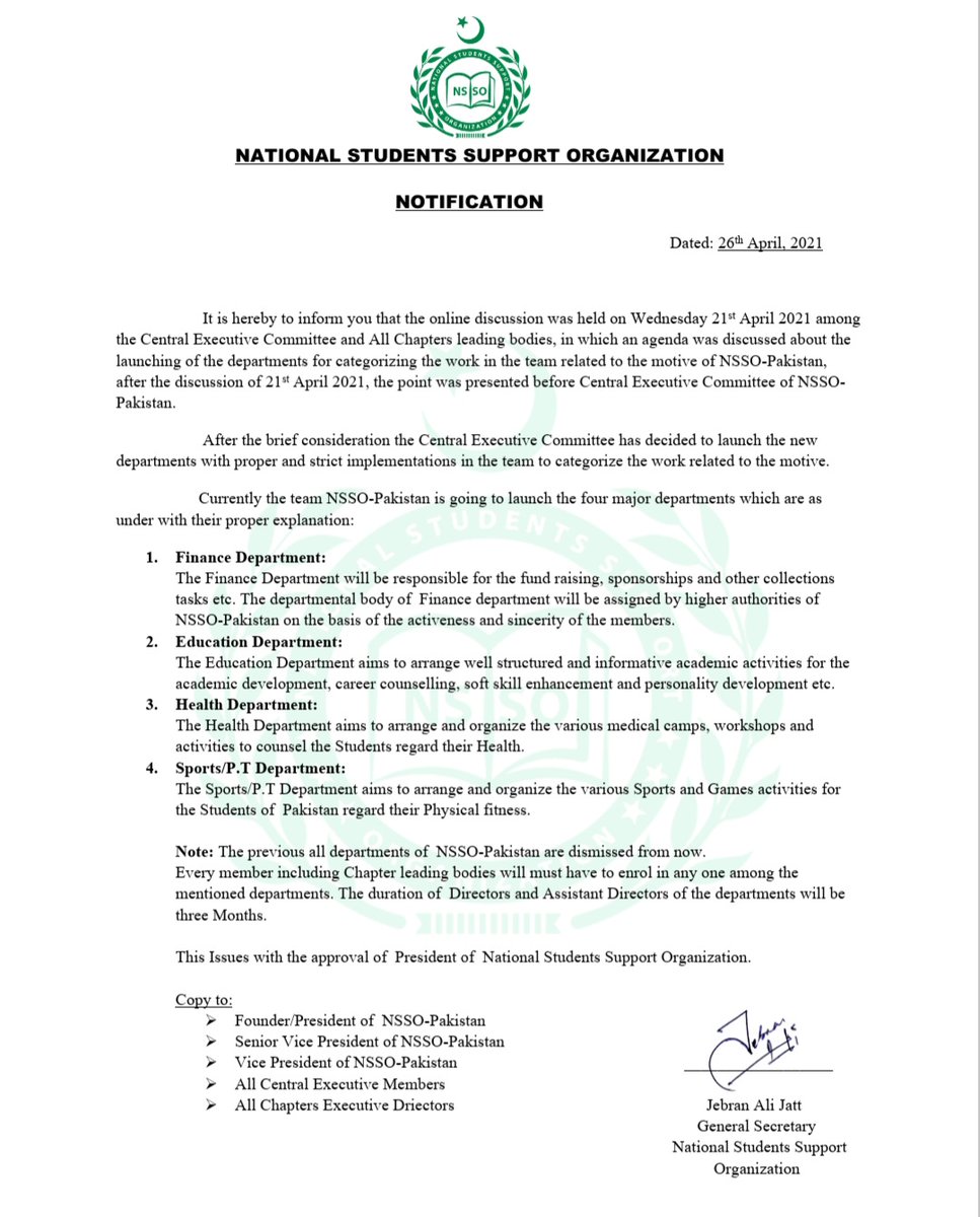 NSSOPakistan's tweet photo. #Notification #Departments #Health #Education #Sports #Physical_Education #Youth #Students #SoftSkills #counselling #Motivation #NSSOPakistan
#letsgrowtogether
#NationalStudentsSupportOrganization https://t.co/wIOqjM6F7w