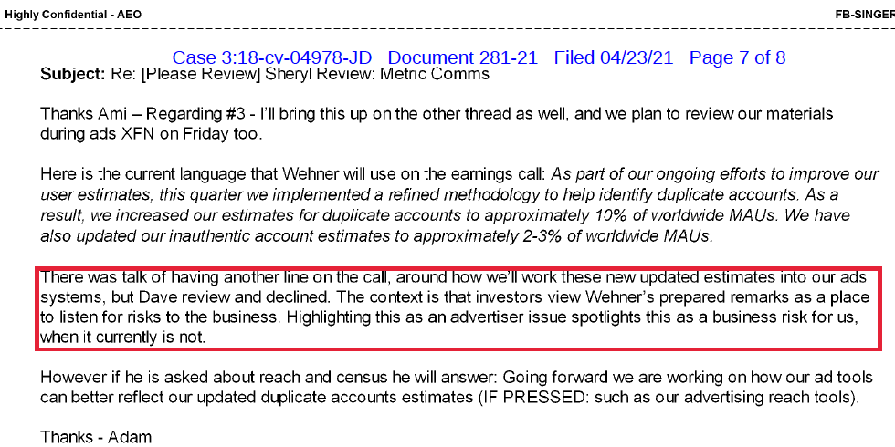 ex16 appears to be exec scramble on eve of prep meeting with Sandberg the week prior to earnings. In the thread, there is also a note why CFO doesn't plan to put it into FB's prepared earnings remarks as it only matters to clients but he doesn't deem it a business risk !!! /4