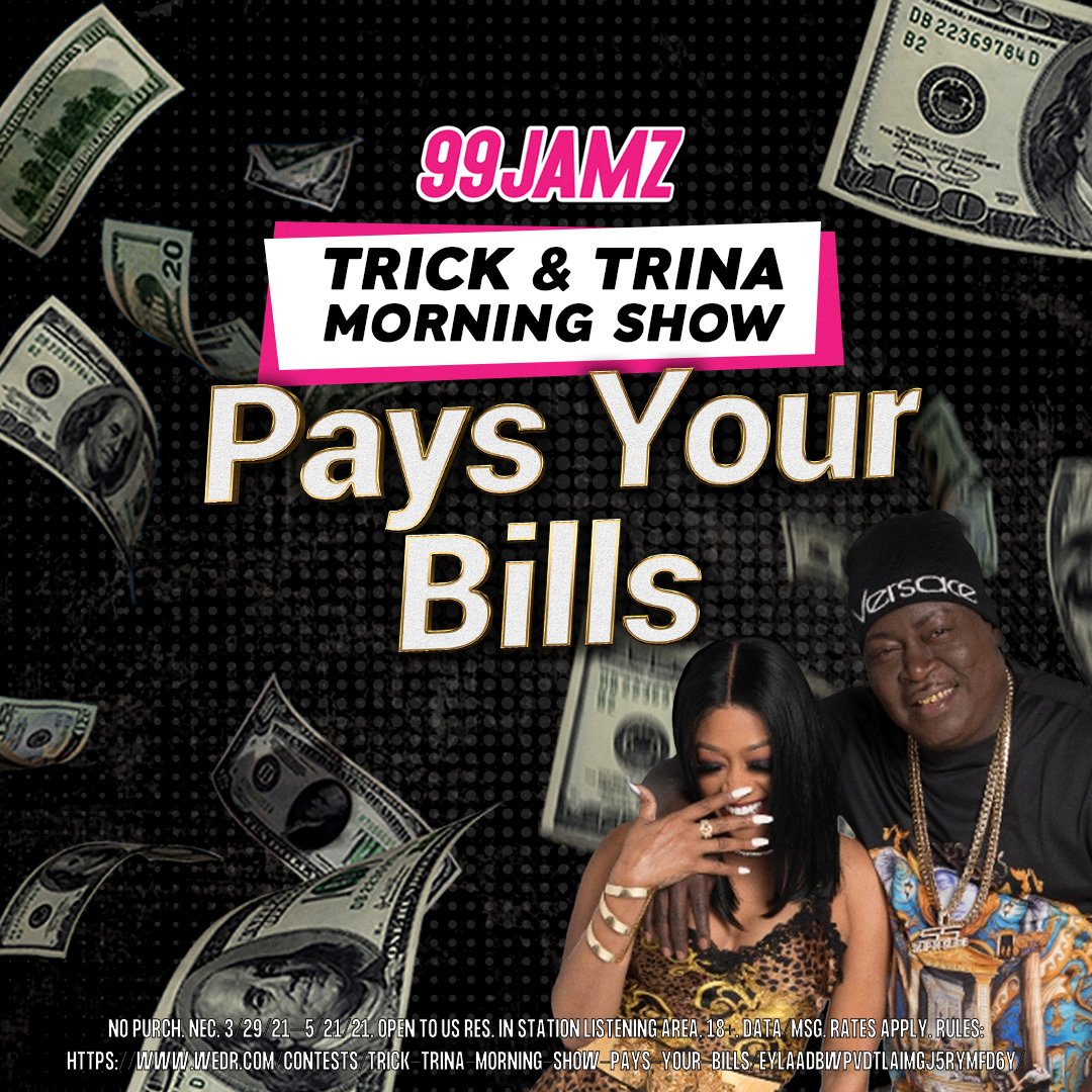 99JAMZ's tweet photo. Already spent your #stimmy? We gotchu! Starting tomorrow, every weekday Trick N’ Trina are paying your bills 5X a day! Just tune in for the keyword and text it to 70123! #99JAMZ #StimulusCash #Cash #Contest https://t.co/nZ20kmZgs6