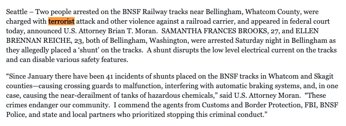 Samantha Brooks and Ellen Reiche, both charged under ACTUAL terrorism statues for allegedly attemempting to derail trains carrying hazardous materials with shunting devices.Both are free on bail