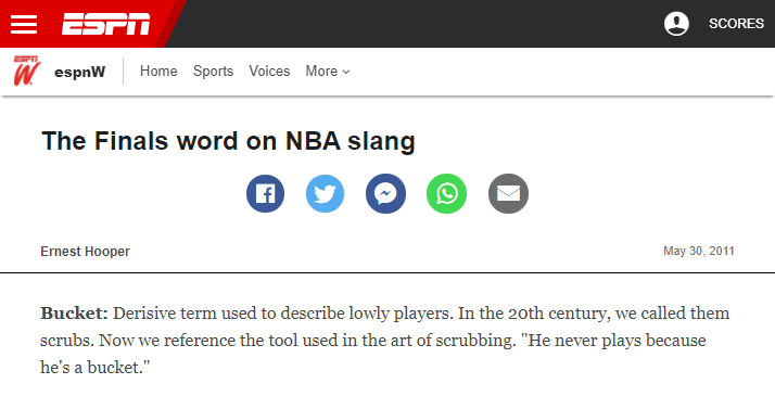 The arrival of the 20th century didn't change this. In fact, in the NBA, the insult evolved from the action of cleaning (scrub) to the instrument of cleaning (bucket). Even TLC jumped on the bandwagon and used it to describe losers or undesirable in their song "No Scrubs". 4/6