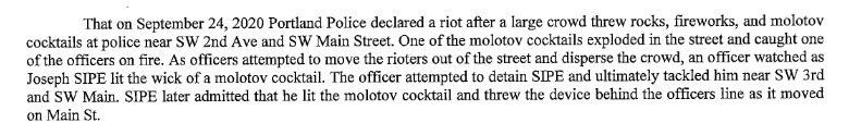 Joseph Sipe, a schizophrenic who threw a Molotov "behind" police during  #Portland riots. Booked for attempted murder, but only charged for rioting and possession of a destructive device. Given a 1k bailFailed to appear for court, was released again, then failed to appear again