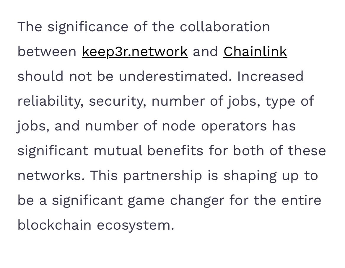 FROM CHAINLINK:“existing Keepers who have already performed a SUBSTANTIAL number of jobs become eligible to become Chainlink nodes...”I like to think of this collab kind of like a massive farm for  $LINK node operators https://twitter.com/croissanteth/status/1384193358705221638?s=21