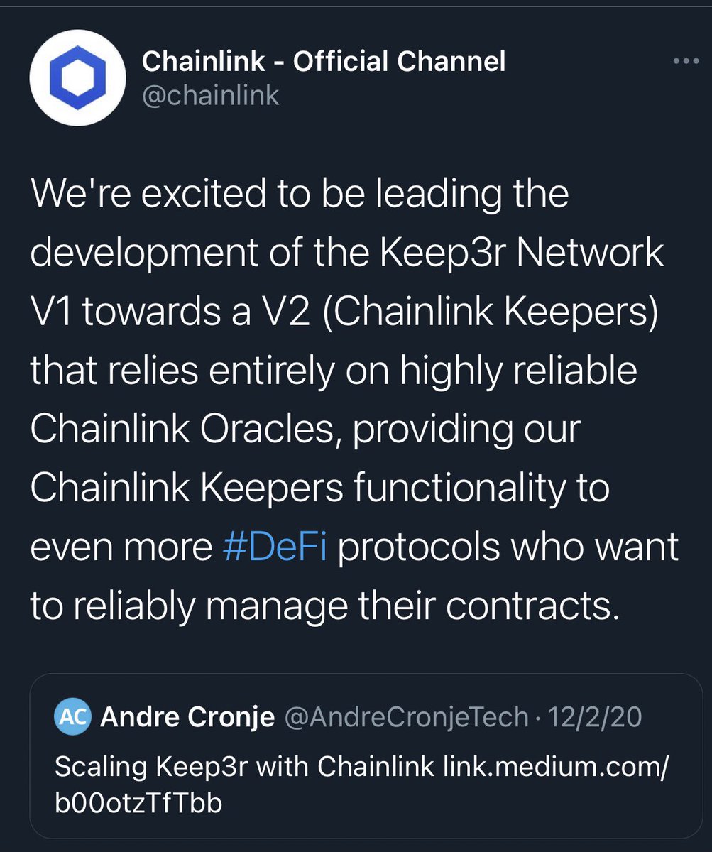 Chainlink also actually made a very notable tweet regarding help with the launch of KeeperV2, because of the potential they see in the project.You see, combining Keep3rs with oracles has a particularly strong synergy...