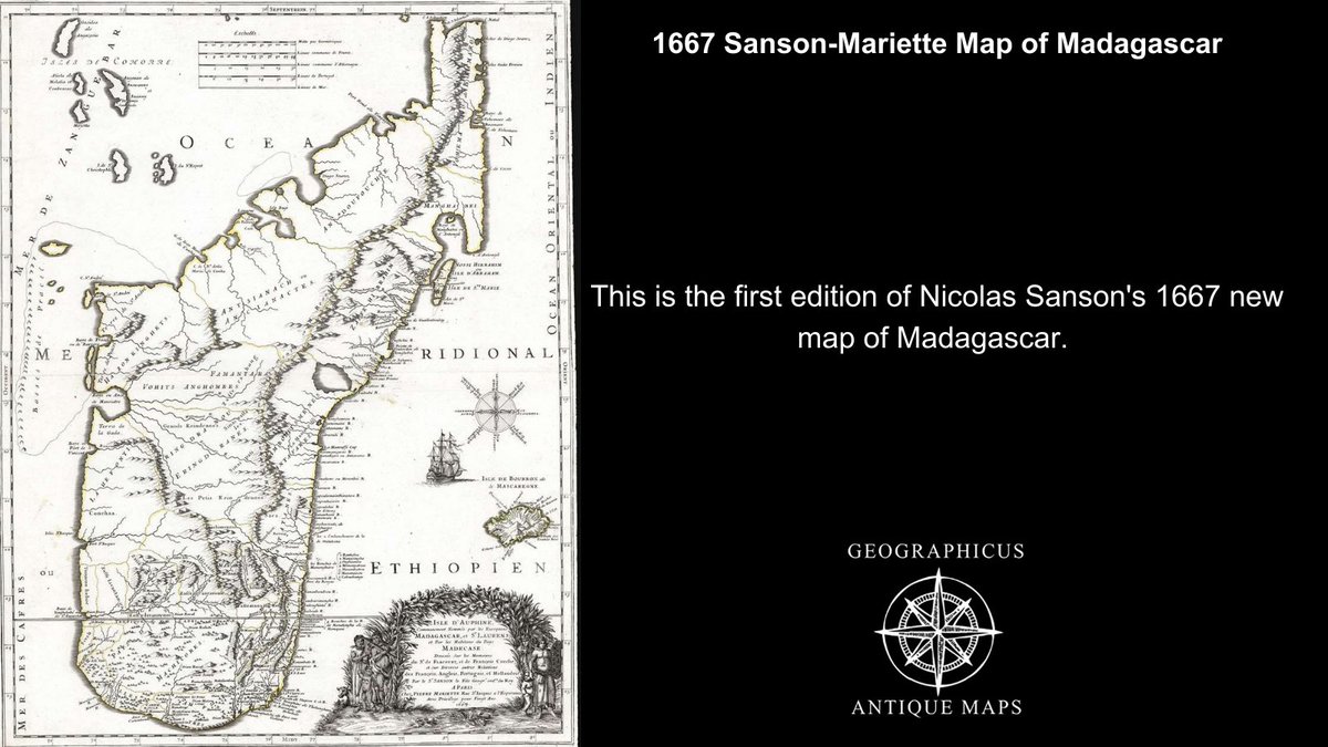RareAntiqueMaps's tweet image. 1667 Sanson-Mariette Map of Madagascar 

This map represents the most significant advancement of Madagascar cartography since the map of Étienne de Flacourt (1607 - 1660).

bit.ly/2QRjXND 

#madagascarmap #1667 #madagascar #frenchmap