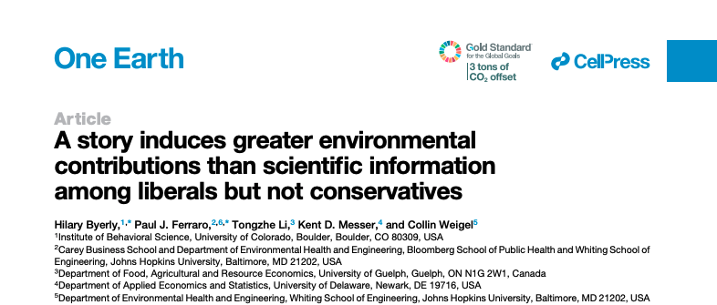 There are many approaches to #scicomm - but do they have different effects on behavior? New research by <a href="/goodbyerly/">Hilary Byerly Flint</a> <a href="/pauljferraro/">Paul J. Ferraro</a> <a href="/TongzheLi/">Tongzhe Li</a> <a href="/kent_messer/">Kent Messer</a> <a href="/collin_weigel/">Collin Weigel</a> tested the effects of a narrative vs. scientific information on purchasing decisions: cell.com/one-earth/full…