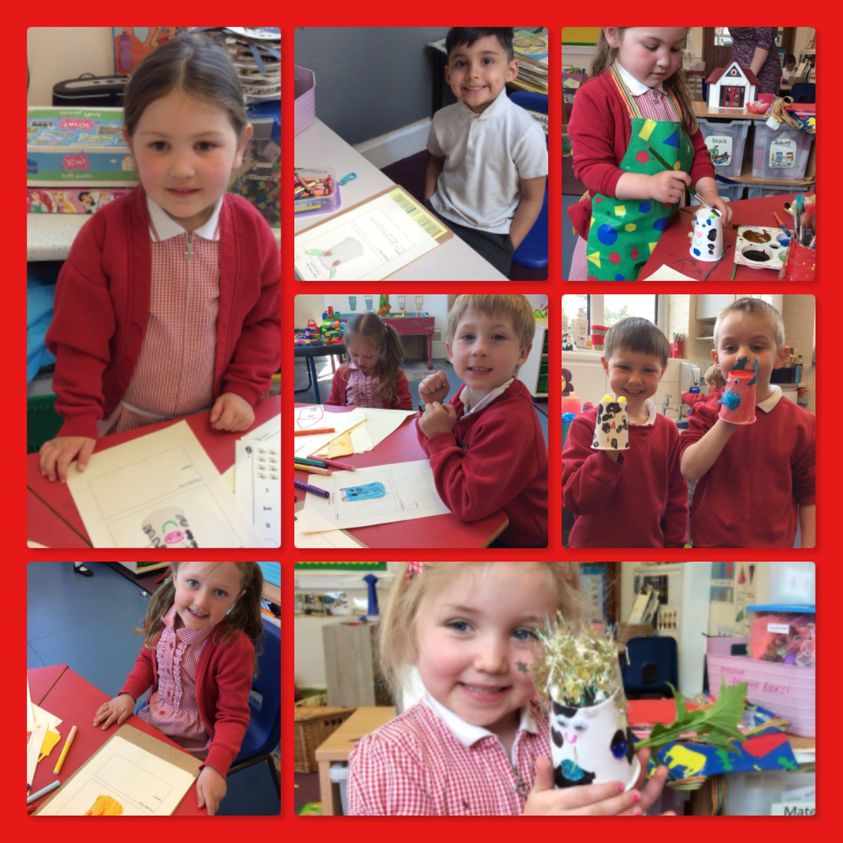 Class 1 made 3D models of farm animals, using paper cups. They drew designs on a piece of paper and discussed which materials they would use for each of the animal's features. They made their models by following the instructions on their planning sheets.
