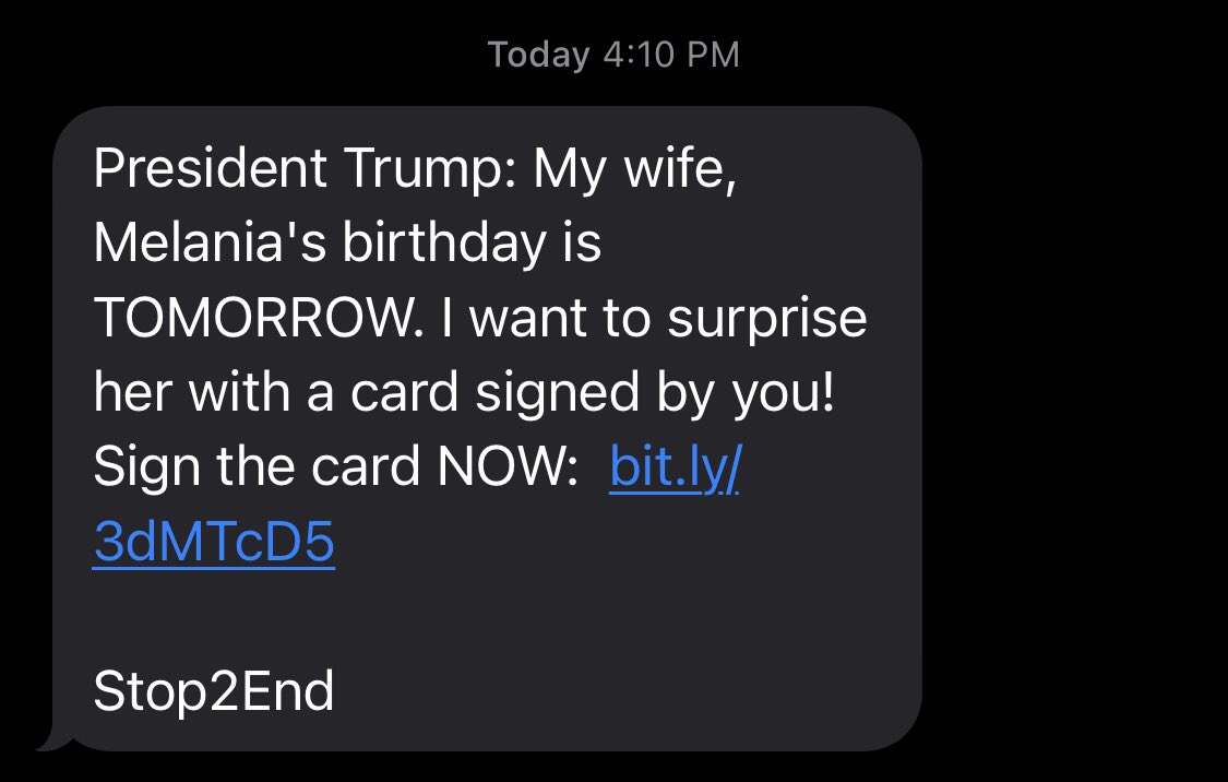 And then Trump’s super PAC wants me to sign a birthday card for “my wife, Melania,” which of course leads to some more yellow check boxes.
