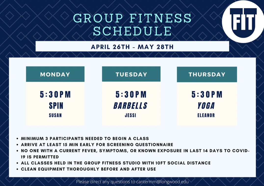 LUCampusRec's tweet photo. Our new Group Fitness schedule starts TOMORROW, Monday 4/26! Join Susan, Jessi, and Eleanor for some fun classes in the gym😋 https://t.co/xPpPpVm8NN