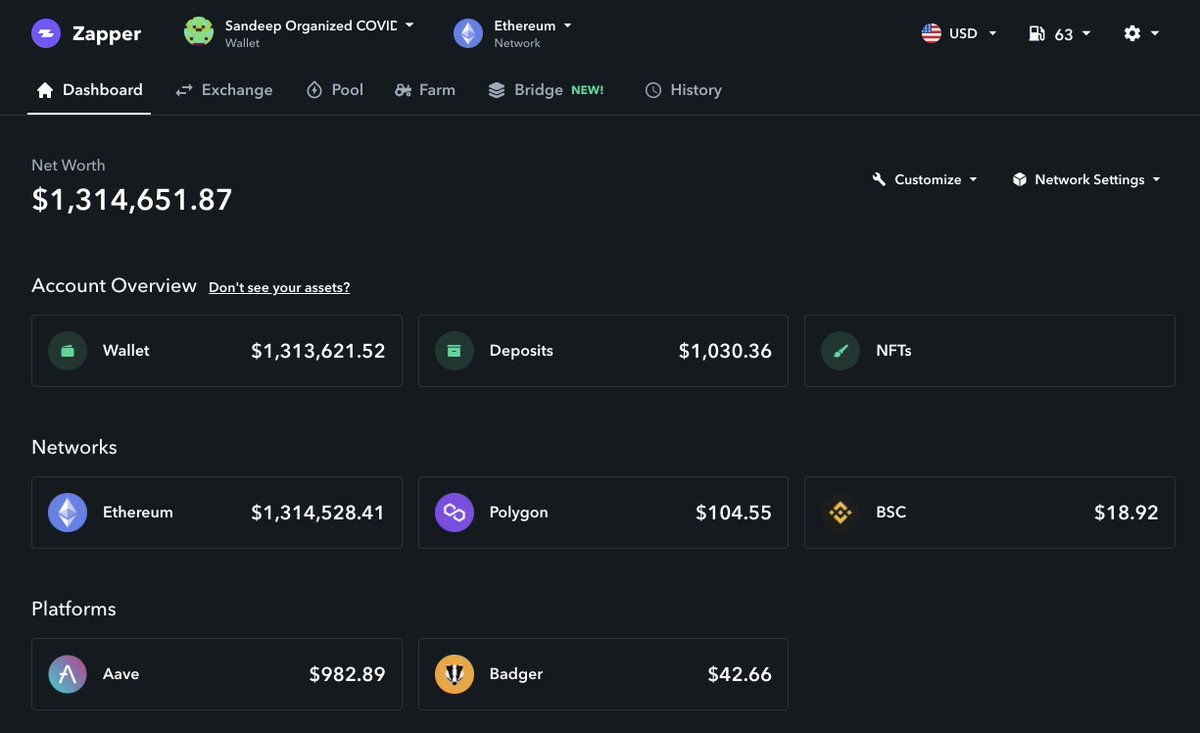 Since <a href="/VitalikButerin/">vitalik.eth</a> first donated 100 ETH + 100 MKR to help COVID efforts in India, 1 day later <a href="/sandeepnailwal/">Sandeep | CEO, Polygon Foundation (※,※)</a> has collected:

💰$1,314,651 in donations

That's ~280 transactions, including
🏥 255 ETH
🏥 130k stablecoins
🏥 $50k in MATIC

🔗zapper.fi/dashboard?addr…