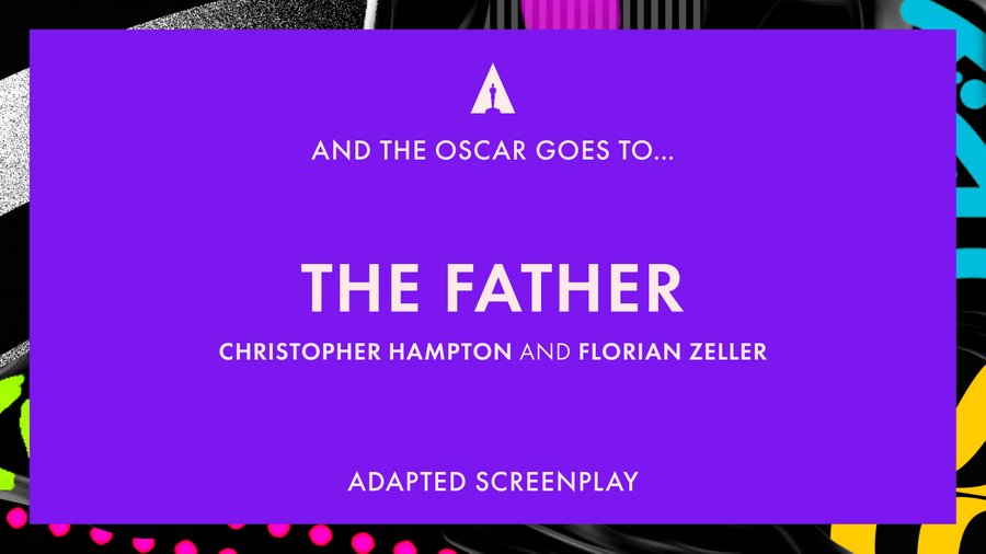 What a film! What a deserved win! Christopher Hampton and Florian Zeller bag the  #Oscar2021 for Best Adapted Screenplay for the beautiful  #TheFather Will this be the first of many wins for this  #Oscar favourite? #AcademyAwards2021  #93rdOscars  #Oscars    #Oscars2021