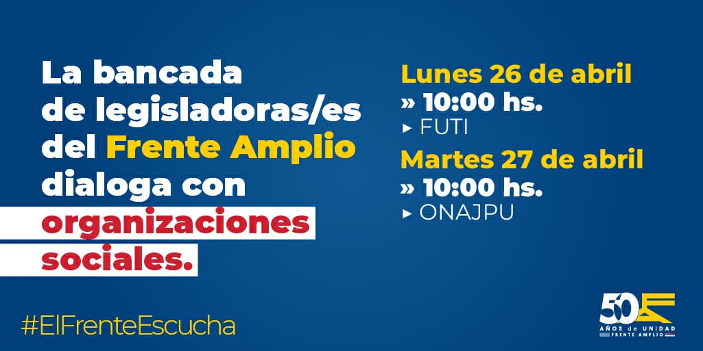 Frente_Amplio's tweet photo. Legisladoras/es del FA continúan las reuniones y diálogo con la sociedad civil organizada.

Lunes➡️encuentro con la Federación Uruguaya de Teatros Independientes

Martes➡️ junto a la Organización Nacional de Asociaciones de Jubilados y Pensionistas del Uruguay. 
#ElFrenteEscucha https://t.co/CAguc7tW7T