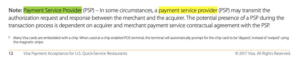 3/ So back to PayFac.The term actually used to be called Payment Service Provider or "PSP." Here& #39;s a screenshot from a 2017 Visa product guide with some references to the old term.