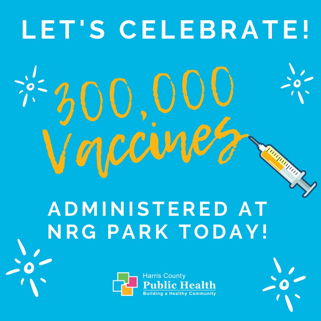 hcphtx's tweet photo. We’ve reached a huge milestone today at @nrgpark. Today hit 300k total vaccines administered at the site! Help us bring the pandemic to an end and reach our next big milestone in beating #COVID19. If you’re already #vaccinated, bring a loved one! We’re open until 9pm. https://t.co/Wg1DrLWUTg