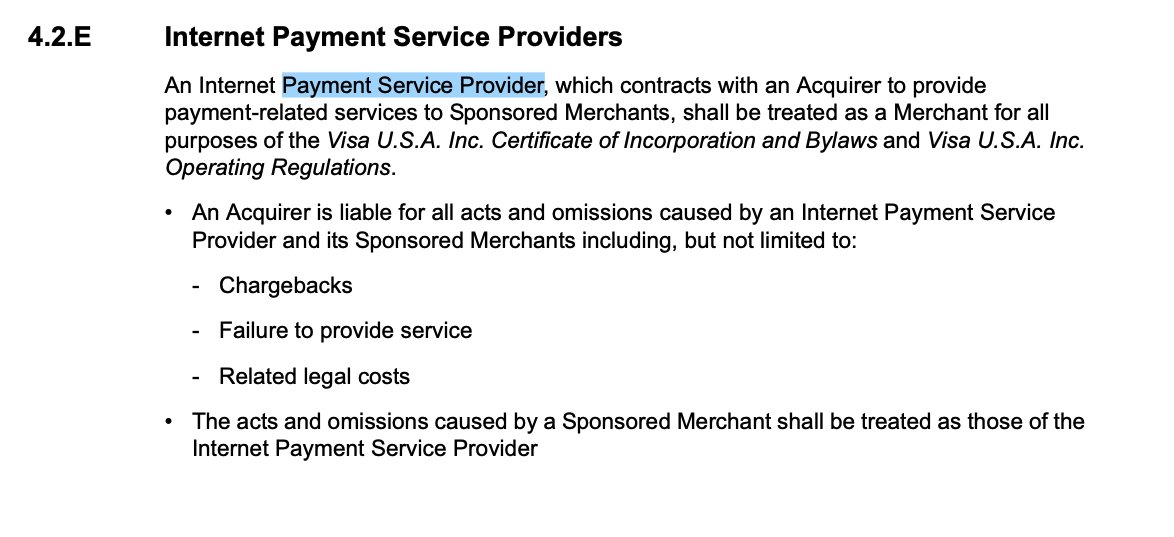 5/ I actually think PayPal pioneered the concept of PSPs. You can see evidence of that here in these 2008 Visa rules. The term is actually "Internet Payment Service Provider." And the 2008 date on this means the concept was getting thrown around pre-Stripe.