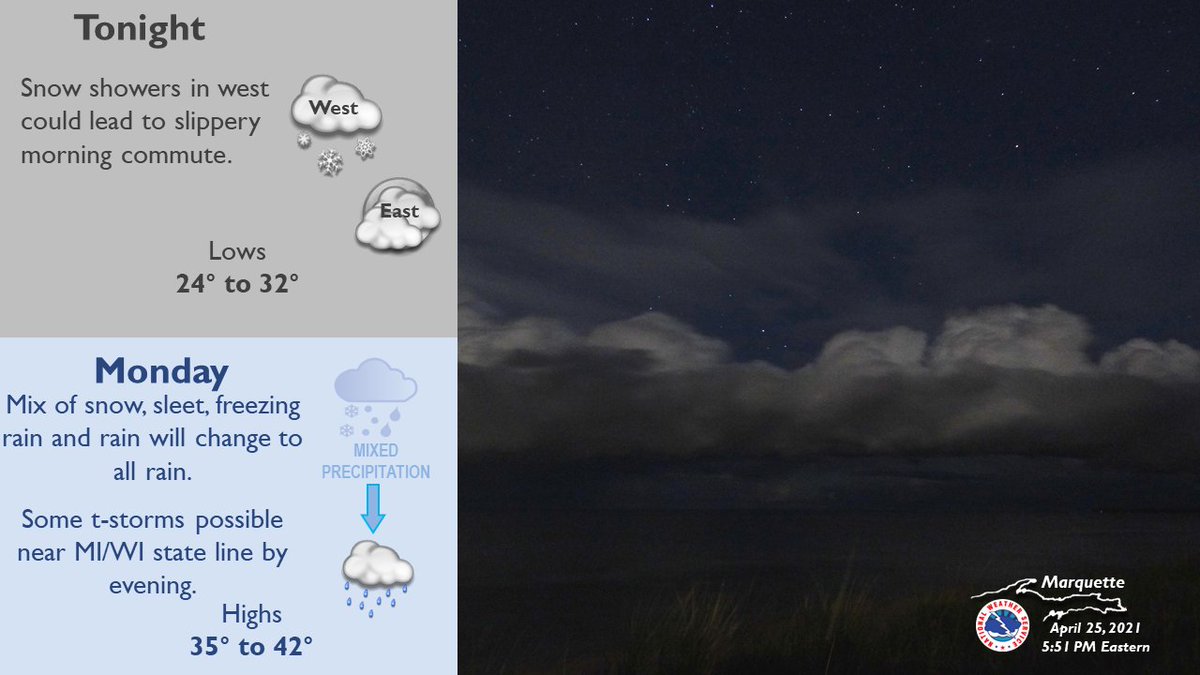 NWSMarquette's tweet photo. Snow showers will develop tonight across parts of the west. Morning commute could be slippery!
Tomorrow, snow spreads east and mixes with sleet, freezing rain and rain before becoming all rain. Some t-storms are also possible by late near MI/WI state line. #UPSpring #906wx #miwx https://t.co/9KbBZgojEB
