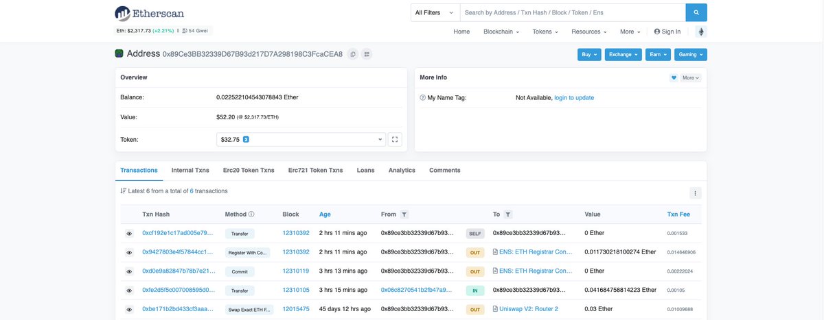 On Etherscan, simply paste your software wallet address in the search bar.At the bottom, you should see your transaction listed. This should only take a few minutes to confirm and show up in your software wallet.Once confirmed, go to  http://app.ens.domains  ( @ensdomains)