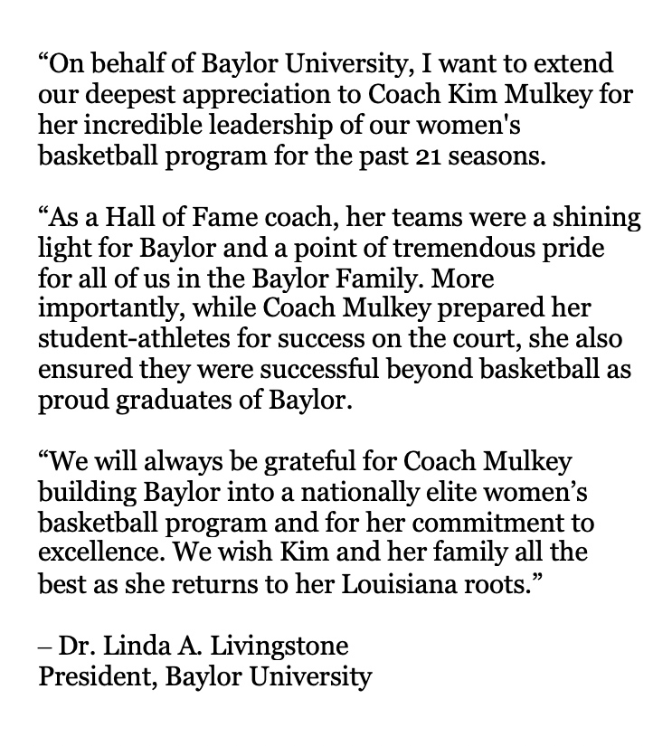 Baylor's tweet photo. Thank you, @KimMulkey, for all you've done here at Baylor!

We wish you the very best back home in Louisiana. #SicEm https://t.co/RBL4mzh4zb