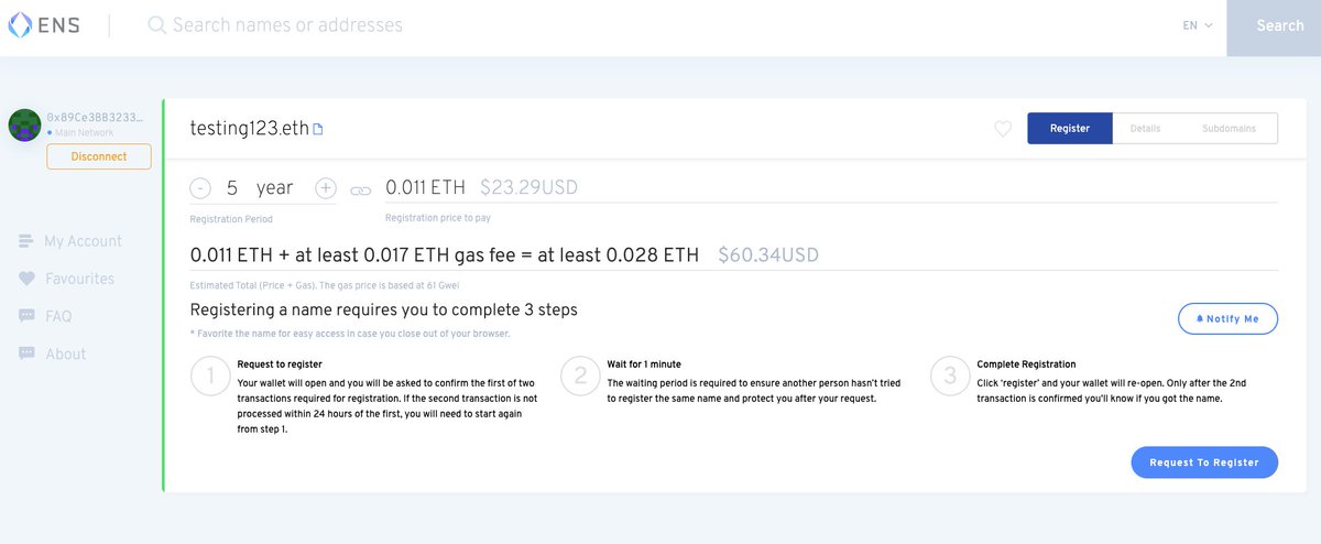 Once connected, choose how long you want to register and click 'Request to register'Then open your wallet app. There should be a push notification for a "test" transaction.This test is to confirm the wallet has sufficient funds and you can access it - so click 'Confirm.'