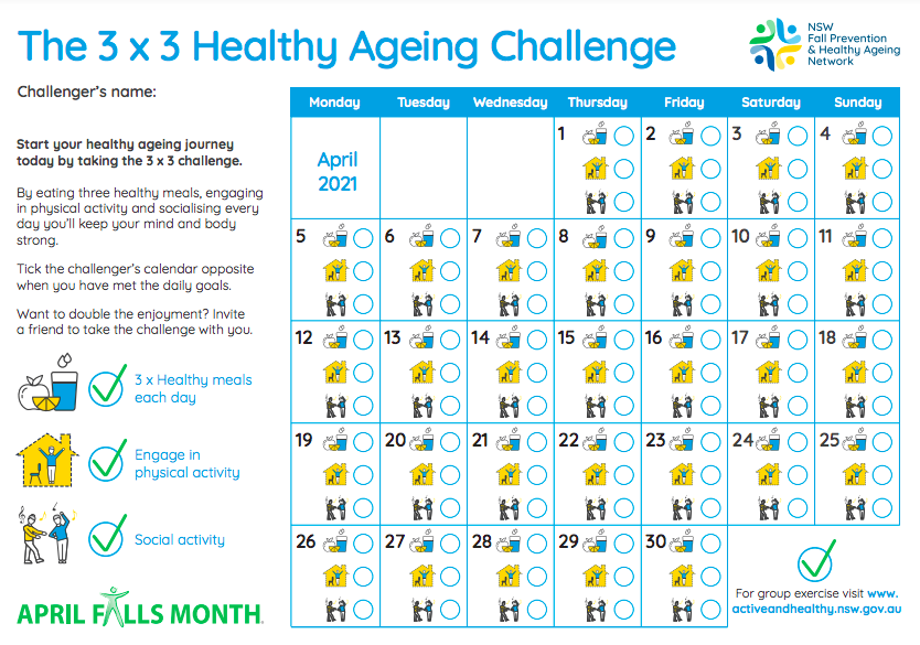 NSWFallsNetwork's tweet photo. "Staying physically active is the single most important thing we can do to stay independent as we age. The more active we remain the better chance we have of maintaining physical function" @CathieSherr Take the 3x3 Healthy Ageing Challenge this #AprilFalls https://t.co/jJt62D5vvI https://t.co/PSH1LpFtPC