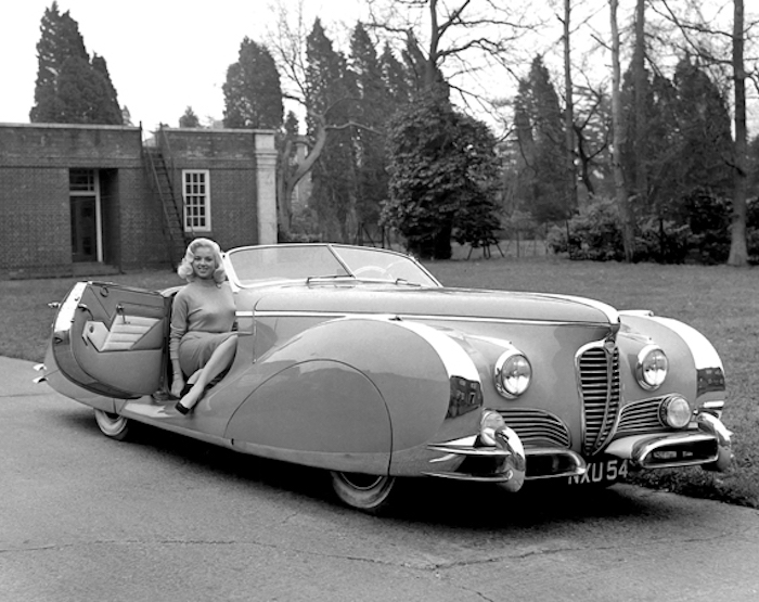 And a blonde bombshell of a different Hollywood age, the impossibly curvy Jayne Mansfield with an equally impossibly curvy 1949 Delahaye 175S Saoutchik roadster.