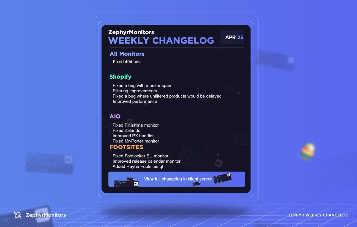This week at Zephyr Monitors - 4/28/21

-> Improved PX hanlder. 
-> Fixed Footlocker EU monitors.
-> Improved Shopify &amp; AIO sites.

We always aim to reward those who support us. Anyone need ZephyrAIO? 🤔🔔