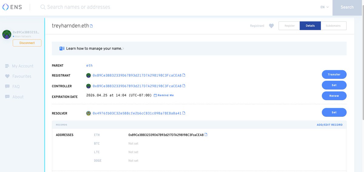 And now, you can have people send ANY ERC-20 token to that ENS name - no more obtuse wallet addresses. You can also add in other addresses like  $BTC &  $DOGE under your account setting page.