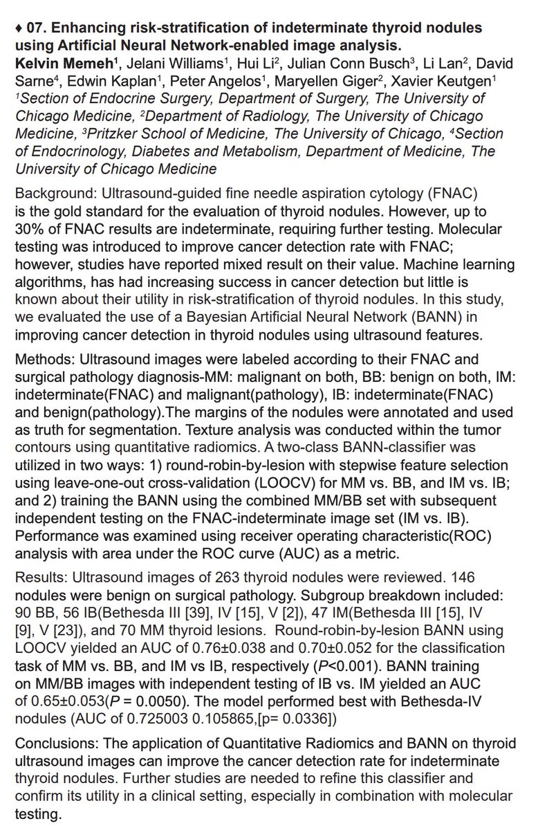 American Association of Endocrine Surgeons (@theaaes) on Twitter photo #AAES2021 Quick shot ♦ 07. Enhancing risk-stratification of indeterminate thyroid nodules using Artificial Neural Network-enabled image analysis.
Presented by <a href="/DrMemeh/">Kelvin Memeh MD, MS, MBA</a>
<a href="/uchicagosurgery/">UChicago Surgery</a>
<a href="/pangelos1/">Peter Angelos, MD</a> <a href="/XKeutgen/">Xavier Keutgen</a>
<a href="/AmThyroidAssn/">American Thyroid Association</a> <a href="/TheAACE/">AACE</a> #AAES2021 Quick shot ♦ 07. Enhancing risk-stratification of indeterminate thyroid nodules using Artificial Neural Network-enabled image analysis.
Presented by <a href="/DrMemeh/">Kelvin Memeh MD, MS, MBA</a>
<a href="/uchicagosurgery/">UChicago Surgery</a>
<a href="/pangelos1/">Peter Angelos, MD</a> <a href="/XKeutgen/">Xavier Keutgen</a>
<a href="/AmThyroidAssn/">American Thyroid Association</a> <a href="/TheAACE/">AACE</a>