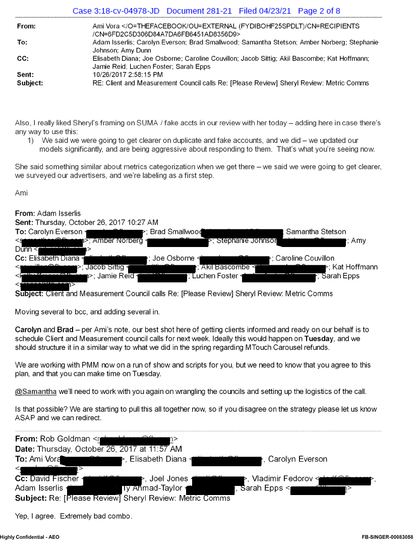 And again, here are the key pages of the email thread in exhibit 16 which was posted here ( …https://655e71e2-f98d-40e9-822b-081bc894b6af.filesusr.com/ugd/372b91_40f43e6156624dff85b73b8482dfd505.pdf). My take is: (1) allegations are not all taken out of context and (2) top execs confirmed it impacted ad market and (3) Facebook's CFO is overconfident. /13