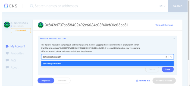 Next, we'll set our reverse record so that people can pay you directly via your new domain name. To do this, you'll need to click on 'Reverse record: not yet set.' Once this is set up, you can actually type your .eth address into Etherscan and your address will pop up.