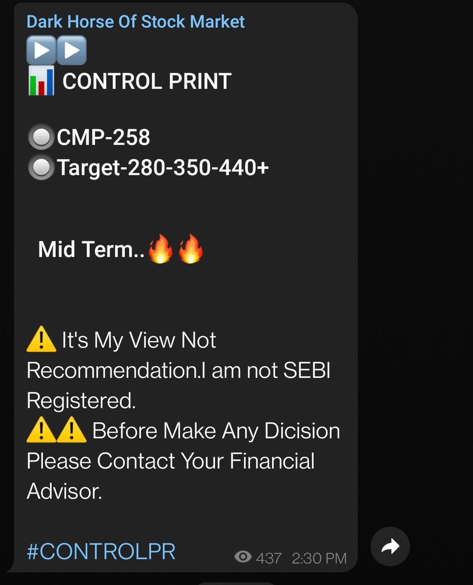 BeyondTrading07's tweet image. Join 👇👇
t.me/darkhorseofsto…

Control Print 258 To 308+ 🤑🚀

#Contolpr #ControlPrint #Nifty #StockMarket #StocksToWatch #tradingpsychology #tradingideas #TradingViewTips #tradingeducation #stocksinnews #stock #stockmarkets #index #sensex #nse #bse