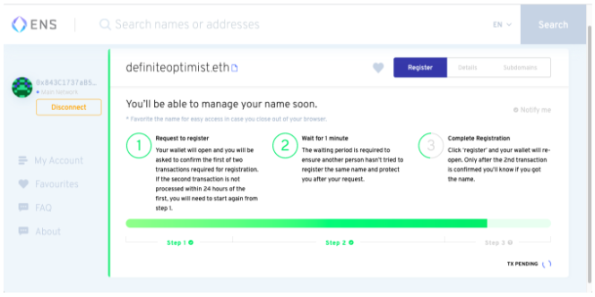 This one minute waiting period was implemented by the ENS team to ensure that other people aren't also bidding for the same domain.Once the waiting period completes, you'll be able to click the button in the bottom right corner to confirm your registration.