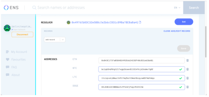 Finally - we'll configure our additional addresses so that we can be paid in more than just ETH! We can select 'Add/Edit Record,' enter our additional addresses, and confirm + pay the necessary gas fees to get this started. If you want to drop me some Doge, I won't complain