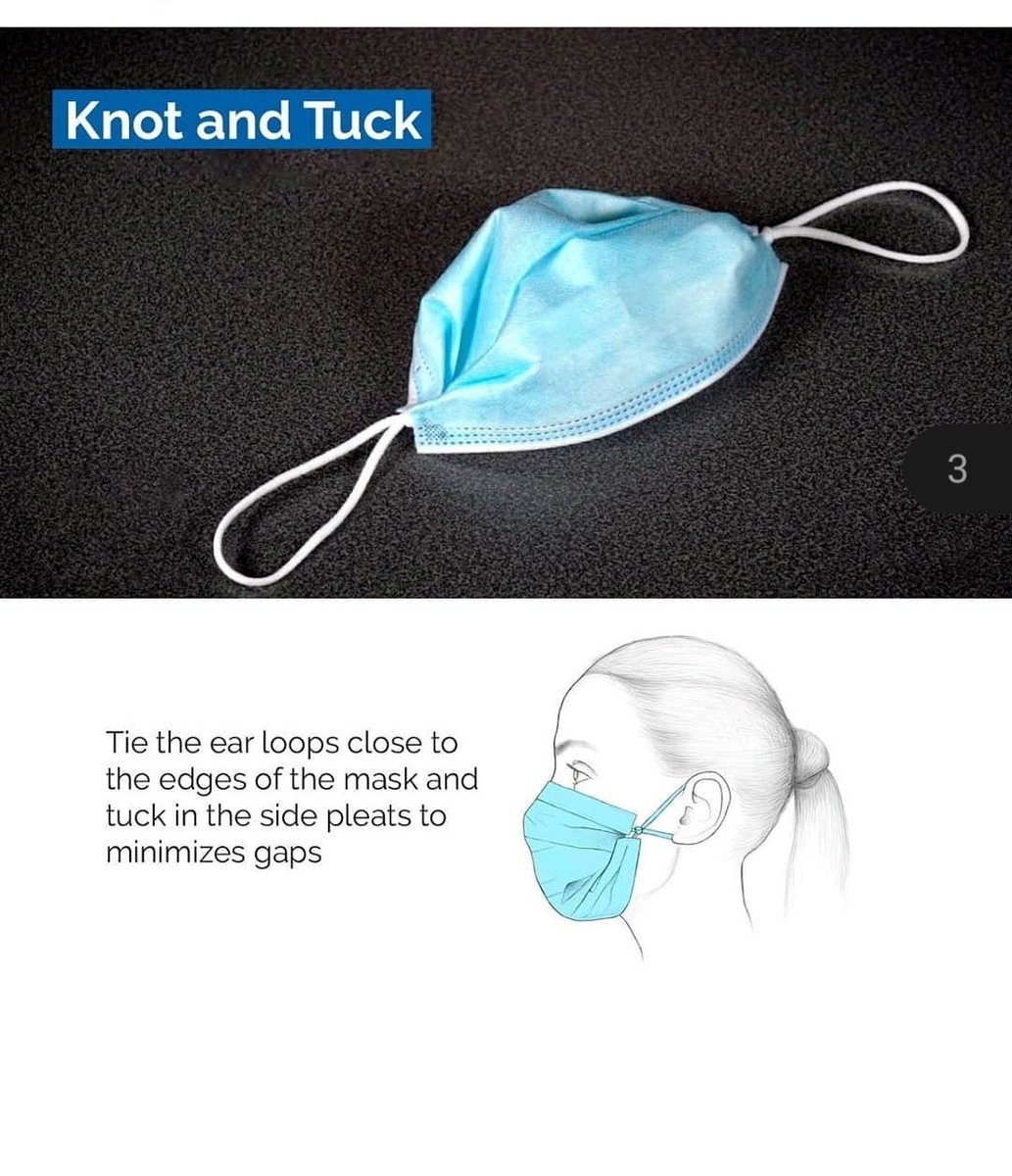 Dr_sarthak1's tweet image. ➡️Using double mask is the way to go
➡️use a surgical mask along with a cloth mask  
➡️as usual N95 is the gold standard
➡️If u r using single surgical mask go for knot and tuck(as described in the image) #CDCguidelines