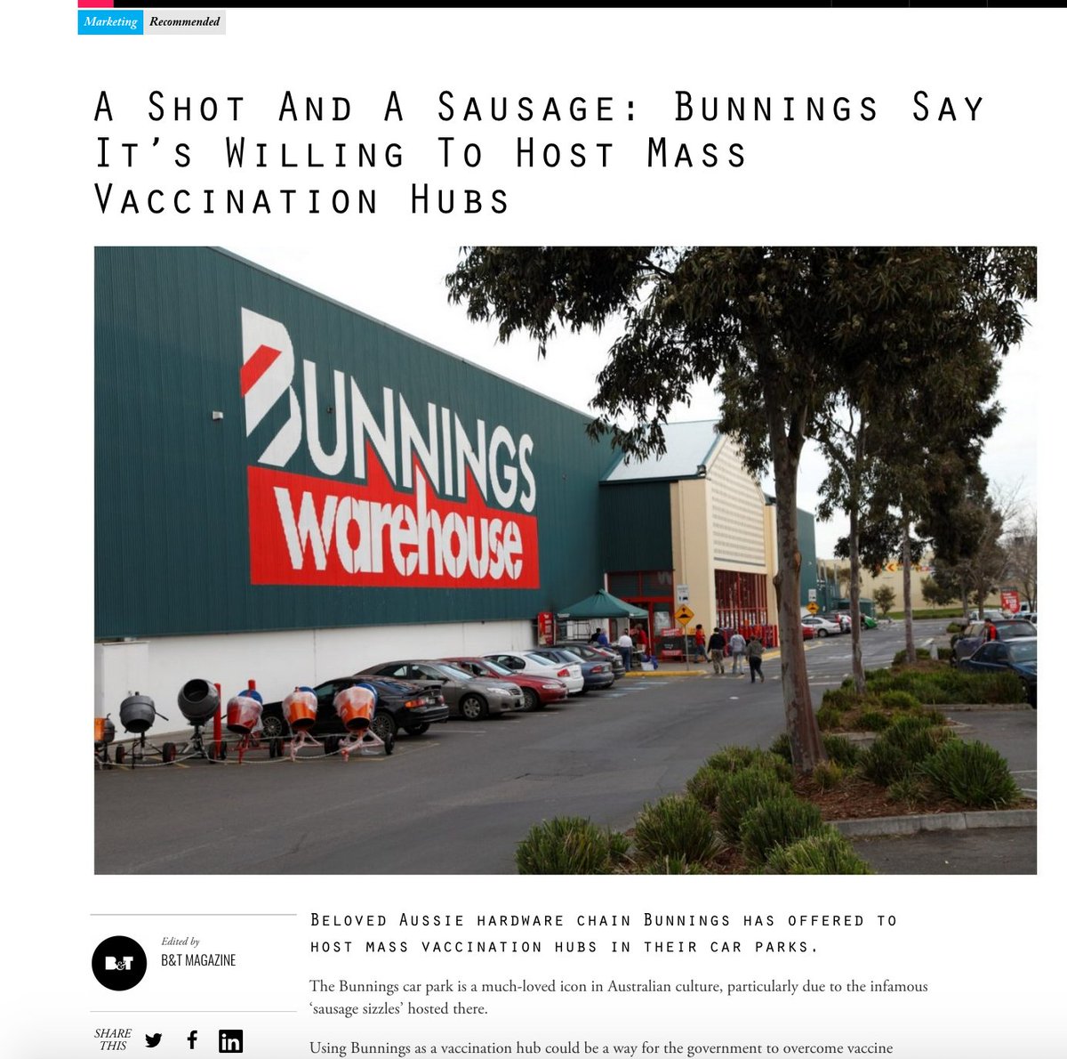 Like a quick lesson in manipulating the media and how to get your name or brand out there? Even if there's nothing really there?It's pretty easy. Lesson 1 - Bunnings.The message Bunnings is pushing here is they're here to help. Part of the community & all those cliches..