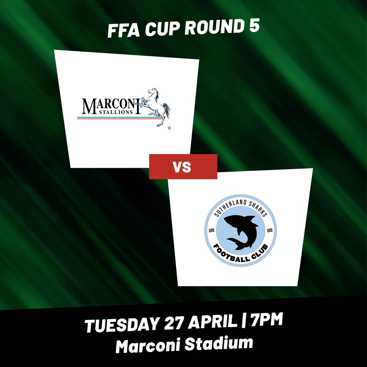 Our FFA Cup campaign continues!

Come support the boys as they take on Sutherland Sharks tomorrow night.

🆚 Sutherland Sharks FC
📅 Tuesday 27th April
⏰ 7:00 PM
🏟  Marconi Stadium

🎟 Tickets available from the front gate from 6:00PM (cash only).
- Concession $5
- Adults $10