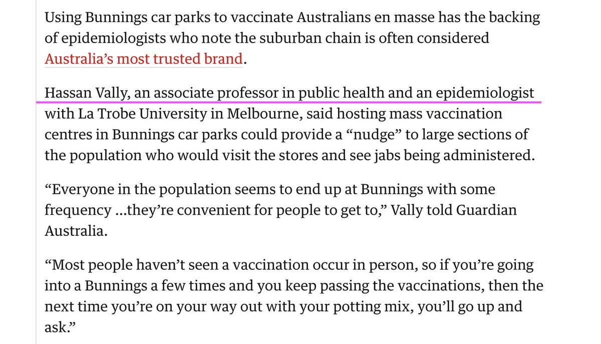 As you can see, Bunnings positioned themselves this month as the Community Hero yet again by claiming to be a proposed "vaccination hub".The Guardian even consulted experts on the-story-that-appeared-out-of-nowhere, and Hassan Vally the expert, agreed it was a fantastic idea.