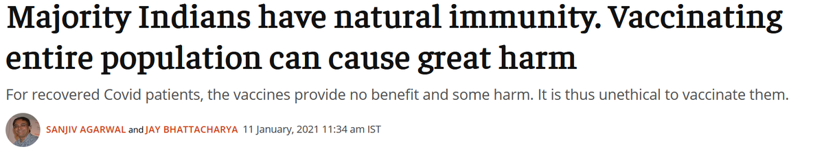 They oppose masks, oppose test/trace/isolate/support, oppose distancing, oppose circuit-breakers ("lockdowns"). One author even argued in Jan 2020 that most Indians are immune & stated, wrongly, that it would be dangerous to vaccinate them.14/n