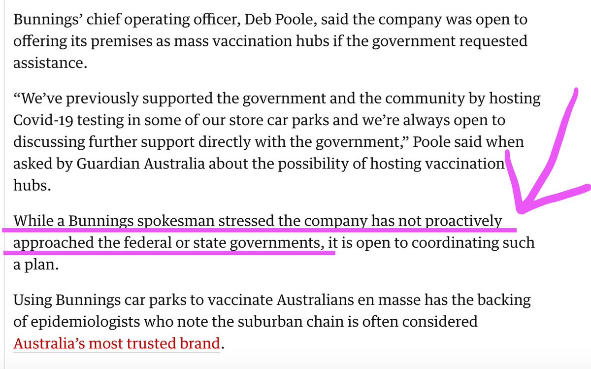 But there was a small problem with the story-that-appeared-out-of-nowhere - the federal & state governments were yet to know anything about it.Mass vaccine hubs in Bunnings car parks?Bunnings admitted themselves that no proposal at all had been submitted to any department.