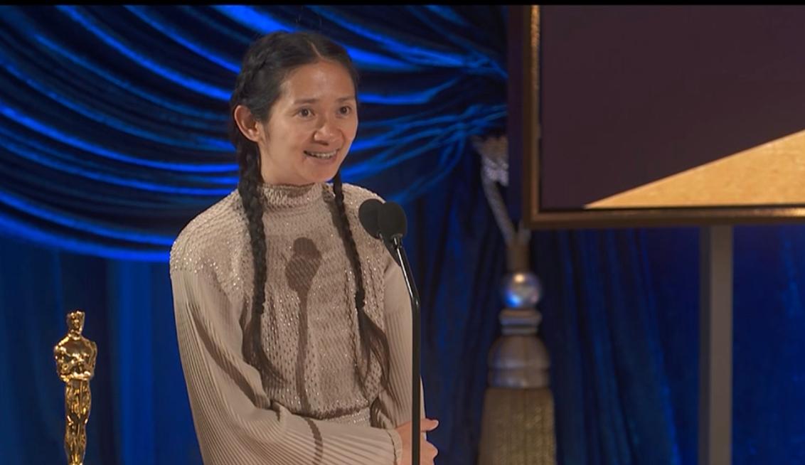 Chloe Zhao at the 2021 Oscars accepting the award for Best Director for Nomadland