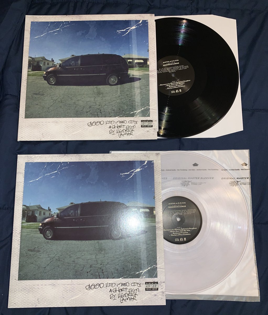 gotta start off with my favorite album of all time, Good Kid Maad City- Kendrick Lamar. since it’s my favorite i had to get the black and clear versions