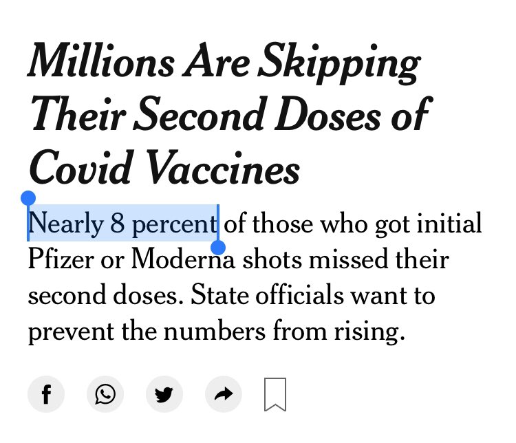 Alternate NYT headline:92 PERCENT OF AMERICANS RECEIVED SECOND COVID SHOT ON TIME, WILDLY EXCEEDING PAST TWO DOSE VACCINE CAMPAIGNS“Given so much protection comes from the first shot,” one official said, “even the other 8 percent is doing well. It’s an unmitigated success!”  https://twitter.com/galvinalmanza/status/1386397677676552198