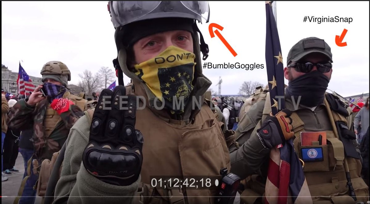 erica1933's tweet photo. NEW HASHTAG: #BumbleGoggles
With his yellow/black gaiter, giant visor and feckless vibe, this guy earns his #. Hangs w #VirginiaSnap. 3 fingers = 3 dead, not a WP or 3% symbol in this case.
@TwittsnTweets @capitolhunters @SeditionHunters https://t.co/iktYP5QMH4