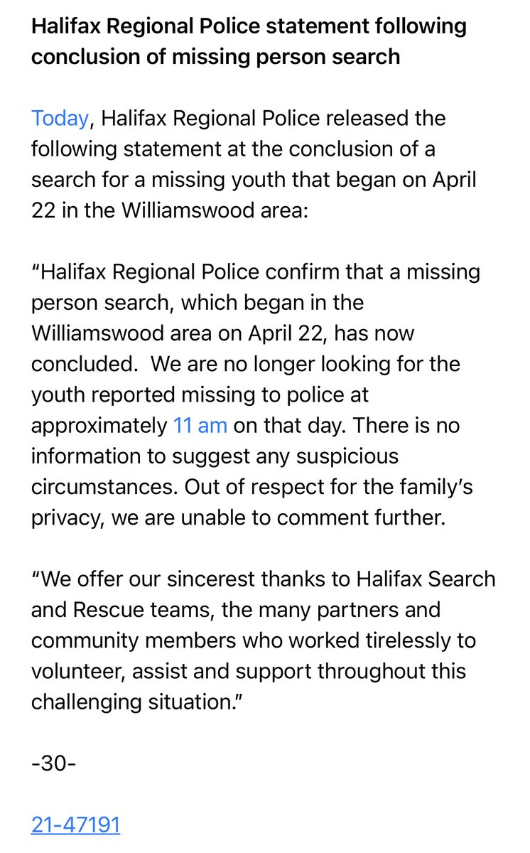 HfxRegPolice's tweet image. Halifax Regional Police statement following conclusion of missing person search
